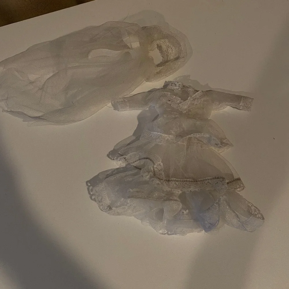 Vintage White Tulle Doll Dress & Veil Wedding Bridal Outfit Clothing